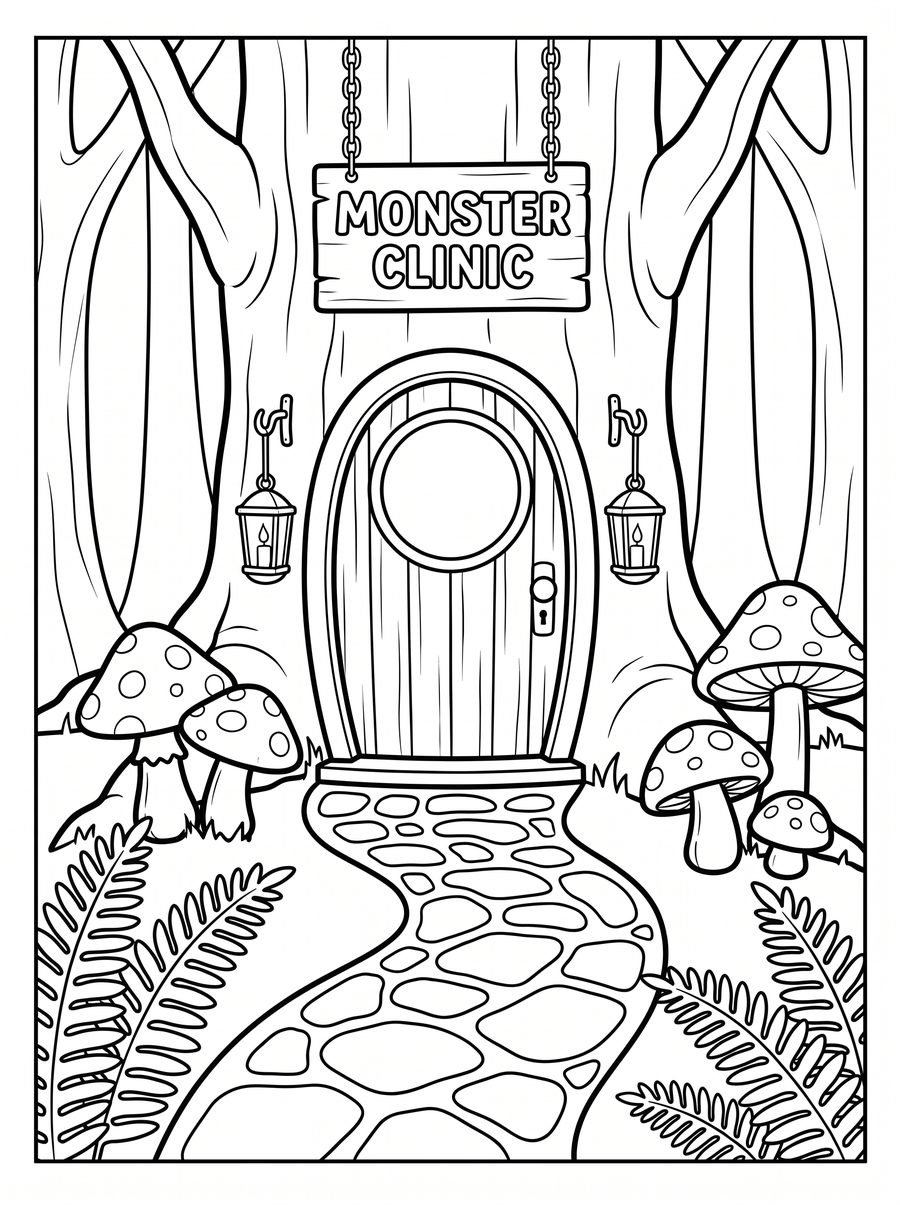 Line-art coloring page: The Monster Clinic